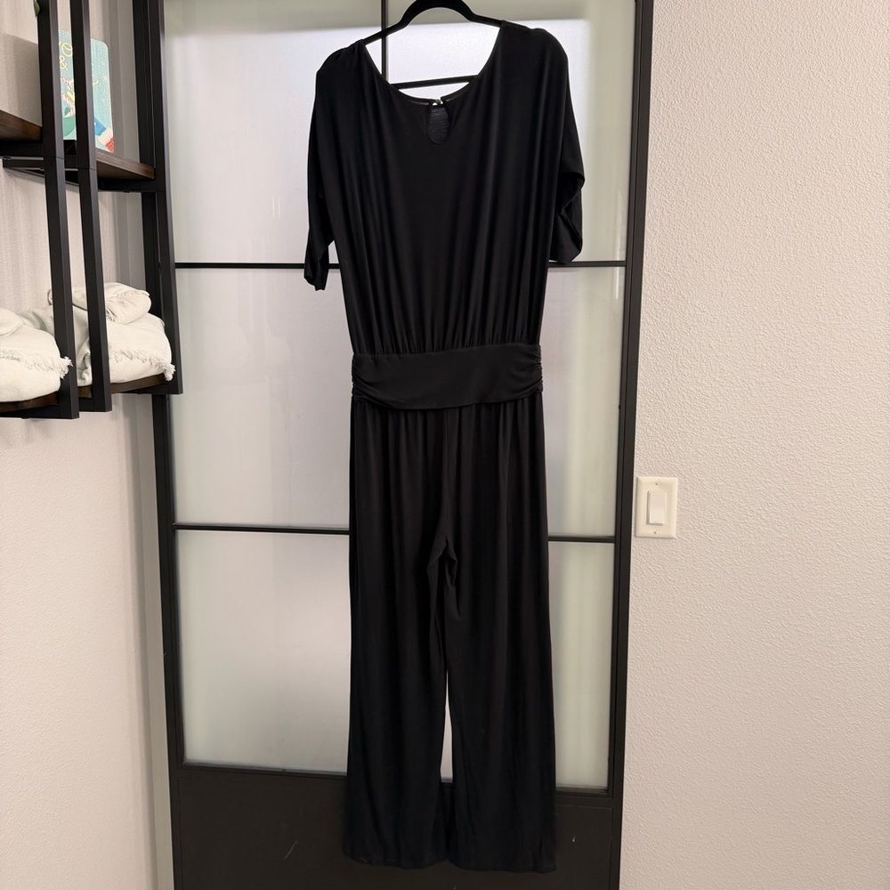 Soft Surroundings Black Modal Jumpsuit M Ruched Waist Wide Leg Keyhole Back - Picture 3 of 10